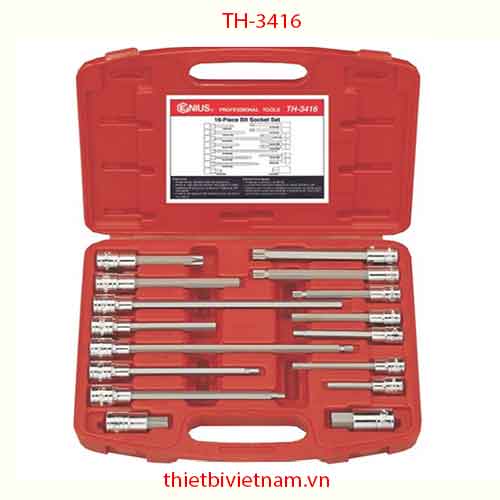 BỘ ĐẦU KHẨU 3/8 INCH VÀ 1/2 INCH ĐẦU VÍT LỤC GIÁC VÀ ĐẦU SAO 12 CẠNH 16 CHIẾC HÃNG GENIUS MODEL TH-3416