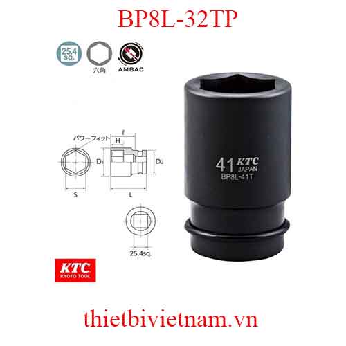Đầu khẩu 1 inch dùng cho súng vặn ốc loại 6 cạnh dài 100 mm KTC BP8L-32TP